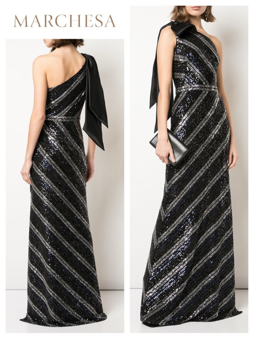 MARCHESA NOTTE Sequin Multicolor Striped Bow-Shoulder Column Gown